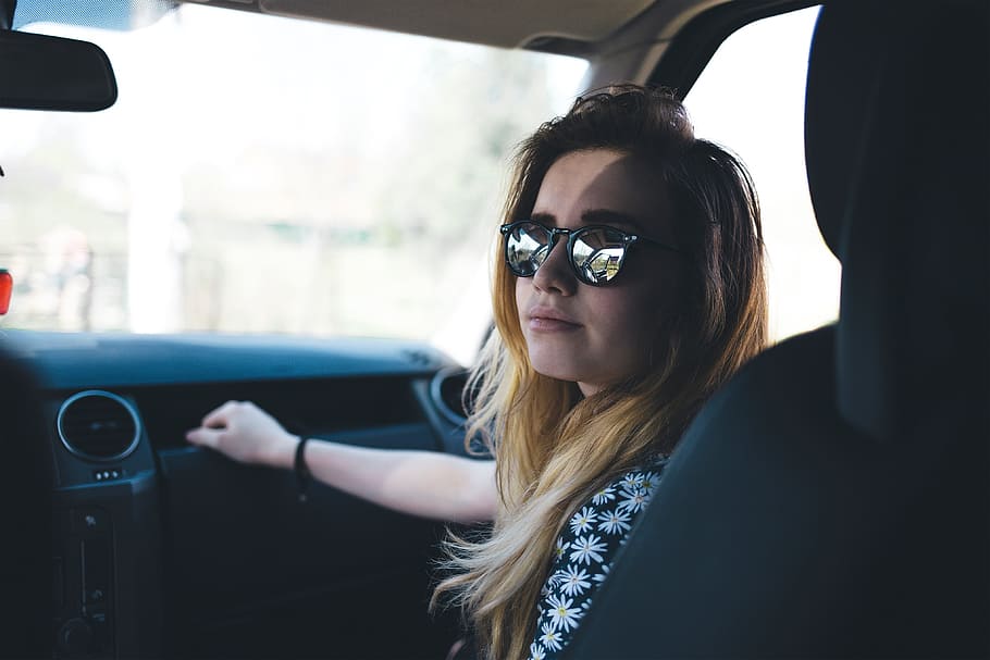 woman, sitting, black, inside, car, vehicle side, people, shades, sunglasses, beauty, passenger