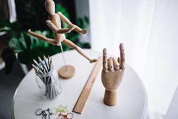 mano, madera, modelo, hilo, lápices, maniquí, marioneta, posando, muñeca, figura, gesto
