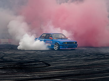 blue, sedan, drifting, burning, wheels, asphalt road, bmw, fast, speed, drift, car