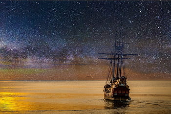 painting, ship, stars, night sky, night, star, sky, ocean, imagination, dream, peace