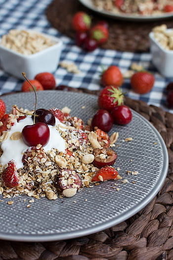 muesli, ciliegie, salutare, prima colazione, avvicinamento, dolce, casa, avena, estate, cibo, frutta