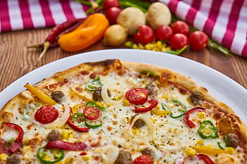 hnědý, pizza, horní, bílý, deska, rajče, pepř, cibule, houba, česnek, houby