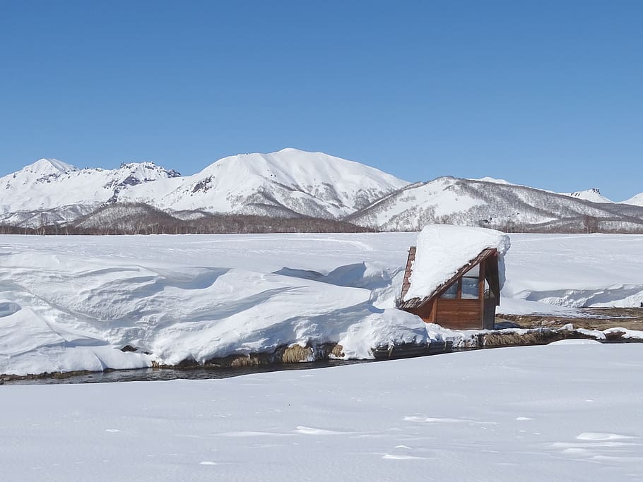 hot springs, thermal water, creek, bathing, kamchatka, nature, winter, silence, forest, pairs, nalychevo valley