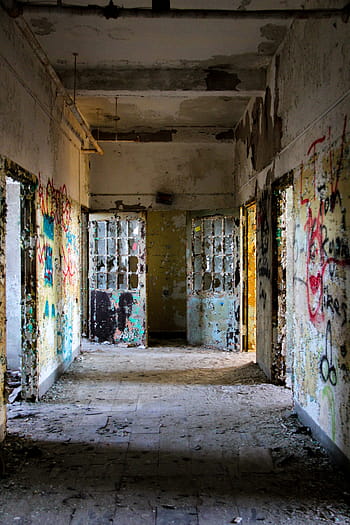 bílý, vícebarevný, opuštěný, budova, interiér, fotografie, azyl, nemocnice, duševní, psychiatrické, hrůza