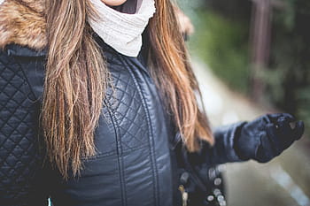 Gadis, Memakai, Jaket Kulit, hitam, dingin, mode, sarung tangan, jaket, kulit, pakai, musim dingin