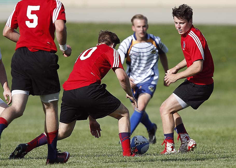 ragby, hra, střední škola, akce, tráva, sportovec, mužský, teenager, soutěž, sport, opozice