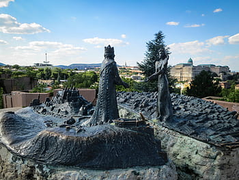 dva, šedá, beton, sochy, král, královna, mezník, socha, sochařství, památník, budapešť