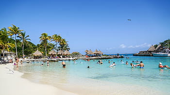 skupina, lidé, nipa chata, kokosové palmy, xcaret, cancun, Mexiko, laguna, tropický, dovolená, Příroda