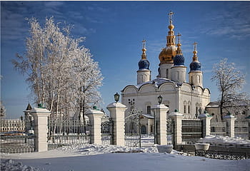 джамия от бял бетон, град, зима, сняг, Сибир, Русия, студ, скреж, манастир, мразовит град, архитектура