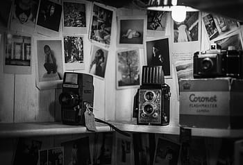 in scala di grigi, nero, bianca, fotografie, parete, telecamera, bianco e nero, vecchio, luce, veloce, lampadina