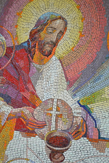 mosaic, supper, jesus, bread, wine, halo, faith, cup, symbolism, eucharist, christian