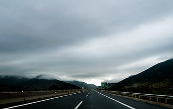 panoramiczny, widok, Droga, pochmurny, niebo, widok panoramiczny, czarny, chmury, szary, wzgórza, drogi