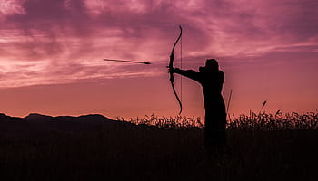 osoba používající luk, lukostřelec, lukostřelba, západ slunce, šipka, luk, cílová, zaměřené, sport, zbraň, přesnost