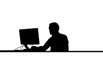 silhouette, uomo, davanti, tenere sotto controllo, scrivania, lavoro, Surf, computer