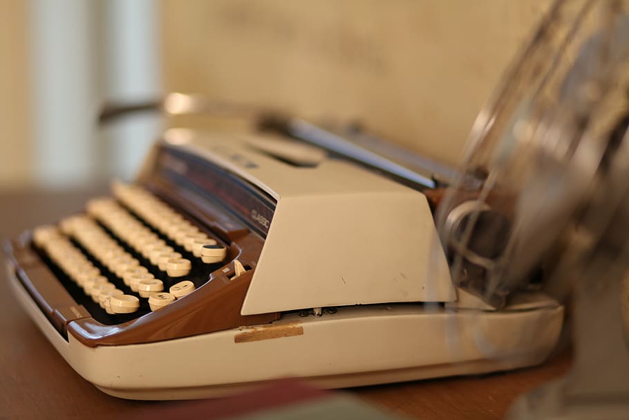 white, brown, typewriter, writer, vintage, old, retro, keyboard, antique, type, equipment