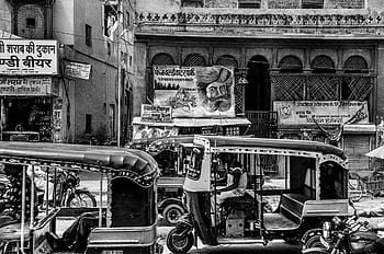 grayscale auto rickshaw, building illustration, architecture, building, infrastructure, black, white, traffic, vehicle, city, road