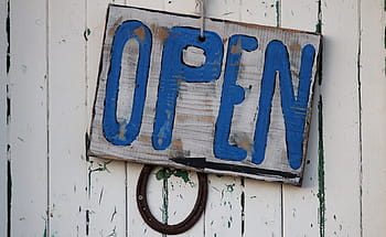 brown, blue, wooden, open, hanging, signboard, white, painted, wall, sign, beach