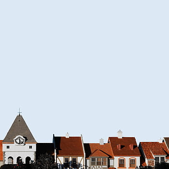 brown, white, houses, blue, cloudy, sky, architecture, building, infrastructure, church, village