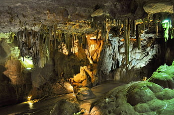 šedá, skály, uvnitř, jeskyně, stalagmity, krápníky, podzemí, rock - objekt, odraz, stalaktit, Příroda