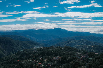 zelená, hora, zataženo, nebe, stromy, modrý, mraky, Příroda, krajina, strom, rostlina