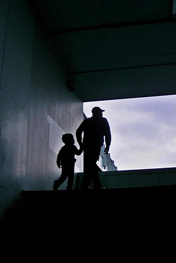 dad, child, commitment, fog, cold, walking, run, people, silhouette, men