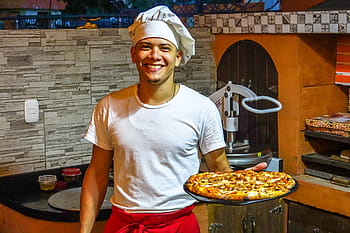 uomo, detenzione, al forno, in piedi, nero, Marrone, di legno, Consiglio dei ministri, Pizza, ristorante, mangiare