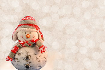 white, red, snowman, wearing, knit, hat, scarf figurine, snow man, winter, snow, cold