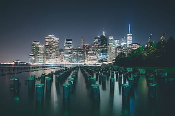 nuovo, skyline della città di york, notte, New York City, orizzonte, di notte, urbano, città, nyc, Stati Uniti d'America, paesaggio urbano