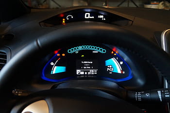 view, digital, vehicle instrument panel cluster, nissan leaf, dashboard, electric car, interior, illuminated, battery, display, technology