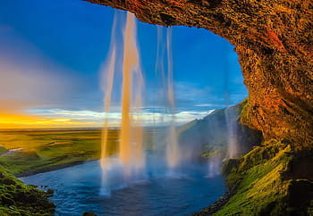 las spada, Islandia, wodospad, spada, kaskada, basen, strumień, woda, zachód słońca, zmierzch, punkt orientacyjny