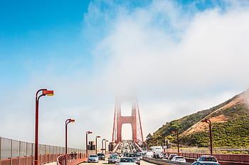 emas, pilar jembatan jembatan, Jembatan Golden Gate, Pilar, Tertutup, Kabut, arsitektur, jembatan, california, mobil, berawan