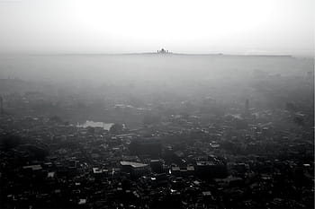 aerial, photography, building, view, city, buildings, rooftops, architecture, fog, sky, black and white