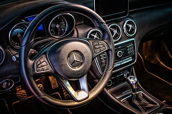 detailní, fotografie, Černá, mercedes-benz airbag na volantu, mercedes, kokpitu, interiér, přístrojová deska, volant, pkw, auto