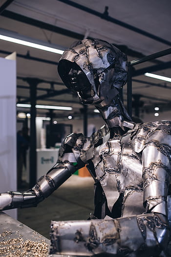 arte, exposición, instalación, expo, virutas, duro, escultura, figuras, metal, mesa, completo