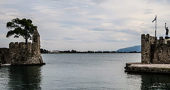 fal vár, szobrocska, fa, nyugodt, test, víz, nappal, Konkrét, várak, tenger, óceán