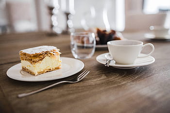 mesa, café, xícara, bolo, lanche, sobremesa, prato, creme, doce