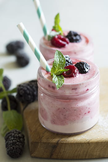 Due, chiaro, bicchieri, pieno, gelati alla fragola, cocktail, prima colazione, frutta, lamponi, vitamine, stile di vita