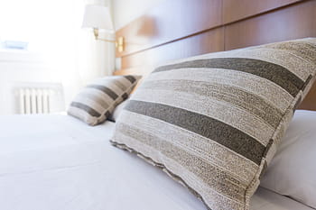 two, gray, striped, bed pillows, pillows, bed, bedding, bedroom, white, sleep, home