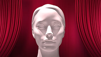 woman head bust, red, background, mask, curtain, sculpture, face, eyes, rigid, dead, death mask