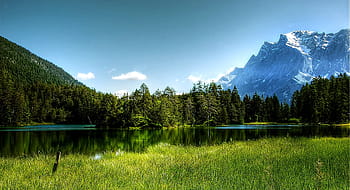 landscape reflection photography, pine trees, river, landscape, reflection, photography, zugspitze, alpine, summit, mountains, view