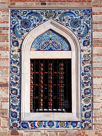 window, blue, floral, wall tile, mansion, izmir, symbol, clock tower, mosque, turkey, pattern