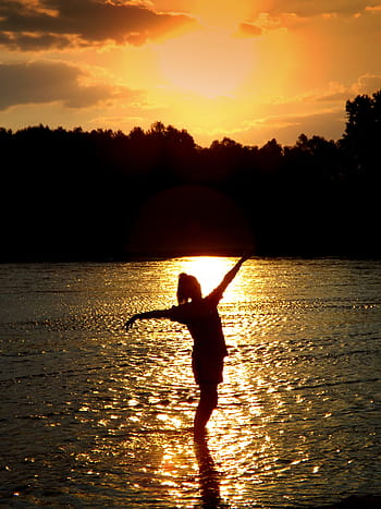 sunset, water, girl, shadow, reflection, sun, twilight, in the evening, red, sky