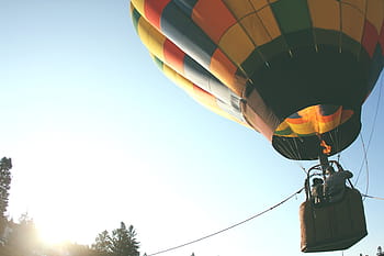 person, hot, air balloon, riding, air, balloon, daytime, hot air ballon, rope, basket, sun