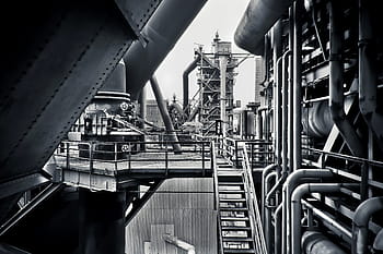 grayscale photo, factory, architecture, steel mill, factory building, old, industry, industrial architecture, leave, steel production, heavy industry