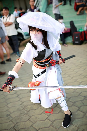 woman, samurai, cosplay, ninja, hero, warrior, blade, japanese, character, costume, attack