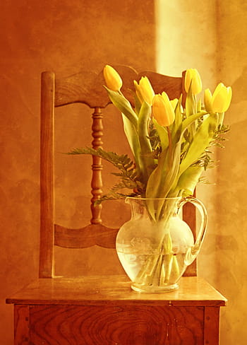 Průhledná, džbán na sklo, květiny, Tulipán kytice, tulipány, kytice, váza, květinová váza, dekorace, stálý život, židle