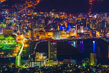 von Nagasaki, Nachtsicht, Nagasaki, Japan, städtisch, Stadt, Stadtbild, Nacht-, städtische Skyline, Dämmerung, beleuchtet