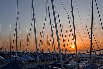 širokoúhlý záběr, lodní stožáry, západ slunce, pobřeží, široký úhel, výstřel, loď, stožáry, whitstable, kent, Anglie