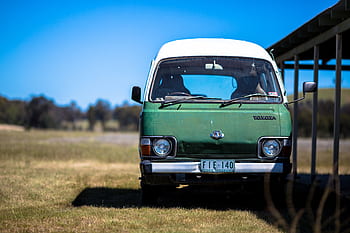 car, van, sunny, day, green, grass, ground, blue, sky