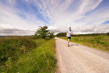 man, running, dirt road, daytime, people, exercise, jogging, sport, run, road, green